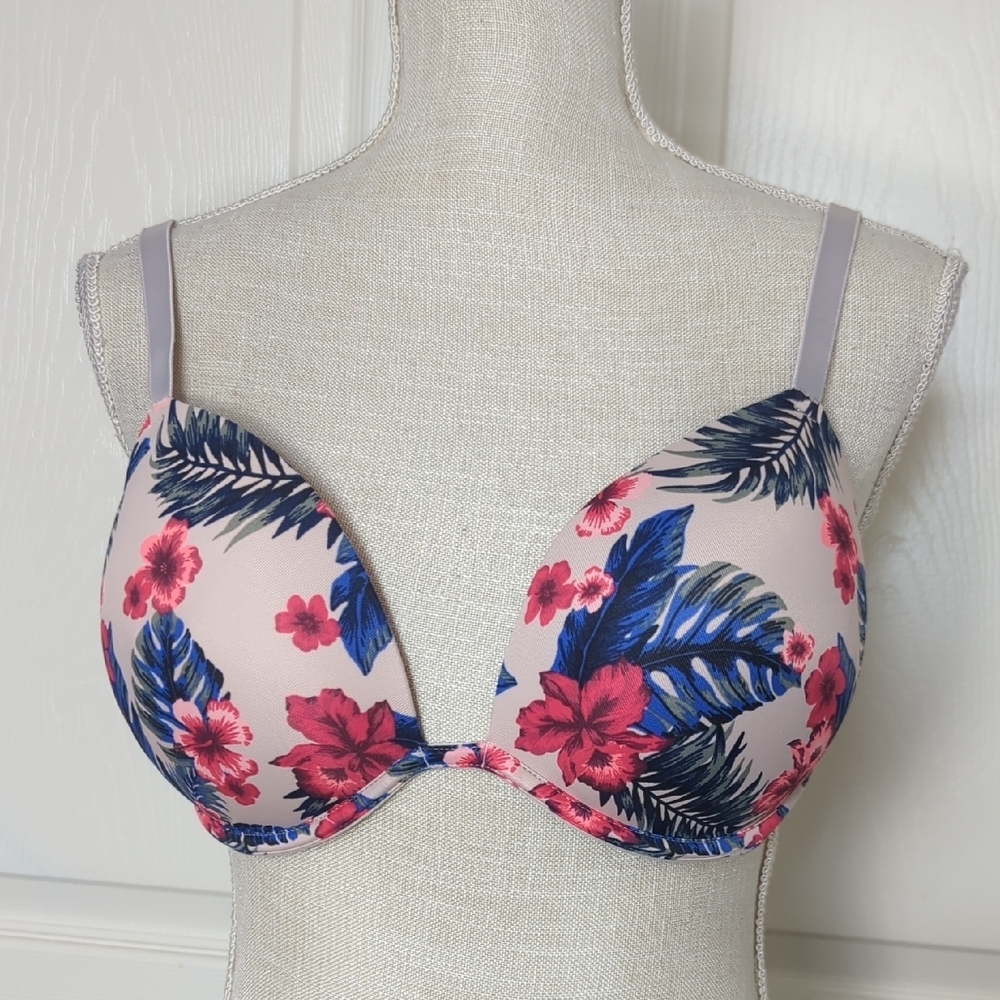 PINK Victoria's Secret Floral Push-Up Bra - Pink and Blue Floral